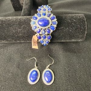 Nwt Lapis Lazuli cluster hinged cuff bracelet matching Cabochon dangle earrings